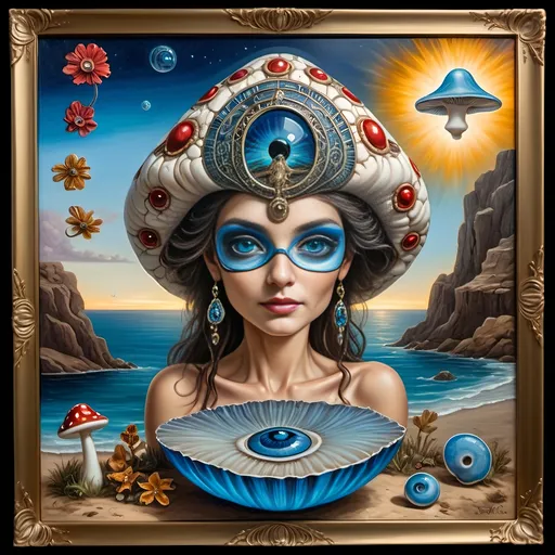 Prompt: (7 Wonders Art Glass Studio masterpiece), oil painting, (honoring Nuit), magical mushroom, (vibrant blue shell), (striking blue eye), Eye of Horus, rich textures, dreamy atmosphere, whimsical background, stars and cosmic elements, (ethereal lighting), enchanting details, high-quality, ultra-detailed composition, surreal and imaginative style.