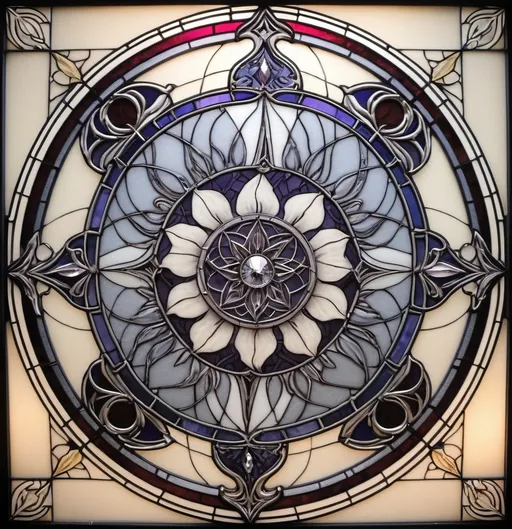 Prompt: A Seven Wonders Art Glass Studio (SWAGS) stained glass window design with a vining flower design in it's center and a diamond pattern in the middle, Alison Kinnaird, arts and crafts movement, intricate line drawings, a detailed drawing.  Honoring the Goddess Nuit.