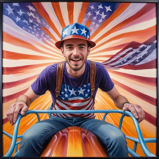 Prompt: A Seven Wonders Art Glass Studio masterpiece painting of a man in a patriotic hat riding Freedom rollercoaster in D. C.’s new amusement park named Freedom Park.  Honoring Nuit.