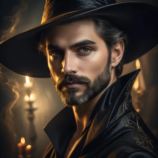 Prompt: (Honoring Nuit) a handsome man magician with a magician pointed witch  hat and a beard in a painting style with a dark background  halloween celebration still life -or trait renaissance boroque