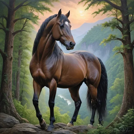 Prompt: (Honoring Nuit), (detailed oil painting), majestic stallion horse, awe-inspiring landscape of Eastern Kentucky, lush forest covered mountains, iconic Natural Bridge, vibrant greens of heavy trees and dense vegetation, ethereal twilight sky, serene atmosphere, high depth cinematic beauty, ultra-detailed, rich color tones, captures the essence of nature and glory of the stallion.