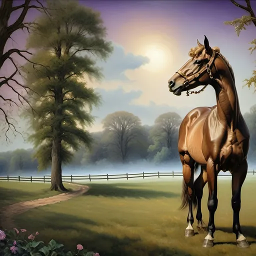 Prompt: (Honoring Nuit), highly detailed oil painting, thoroughbred horse, elegant posture, lush Kentucky farm, evening dusk setting, warm and vibrant hues, soft golden light reflecting off the horse’s coat, scenic rolling hills in the background, tranquil ambiance, serene atmosphere, ultra-detailed, masterpiece quality, evocative emotional tone, captivating and luminous sky blending soft pinks and deep purples, harmonious nature scene.