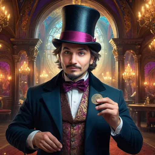 Prompt:  (magician with top hat), (magical ambiance), intricate details, cheerful expression, (ultra-fine detailed digital painting), vibrant colors, dramatic lighting, Renaissance background with ornate architecture, whimsical elements, captivating aura, enchanting atmosphere, showcasing magical effects and sparkles, (4K), enchanting scene, visually stunning masterpiece.