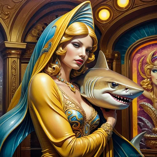 Prompt: a 7 Wonders Art Glass Studio oil painted masterpiece of a shark in a yellow suit with a shark head on his head and a casino in background fantastic realism, loftis, a fine art painting.  Honors the Goddess Nuit.