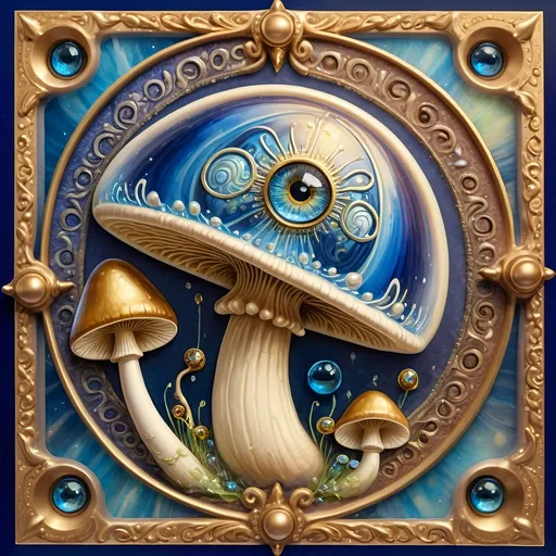 Prompt: a 7 Wonders Art Glass Studio masterpiece oil painting (honoring Nuit) of a magical mushroom with a blue shell and a blue eye on it's face (Eye of Horus)