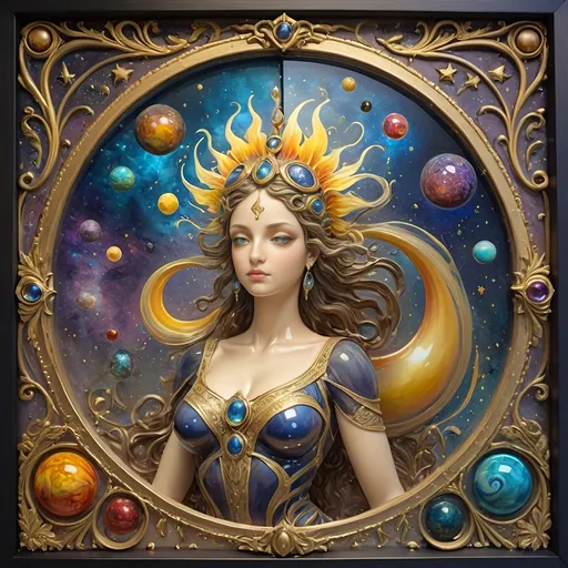 Prompt: (7 Wonders Art Glass Studio masterpiece), oil painting, (honoring Goddess Nuit), vibrant colors, enchanting atmosphere, Renaissance attire, surrealistic elements, Jack-in-the-Box emerging, creator of the universe, sewing the seeds of the universe, celestial motifs, planets depicted with intricate details, festive ambiance, high depth cinematic masterpiece, (cosmic theme) blending ancient and contemporary styles, (ultra-detailed).