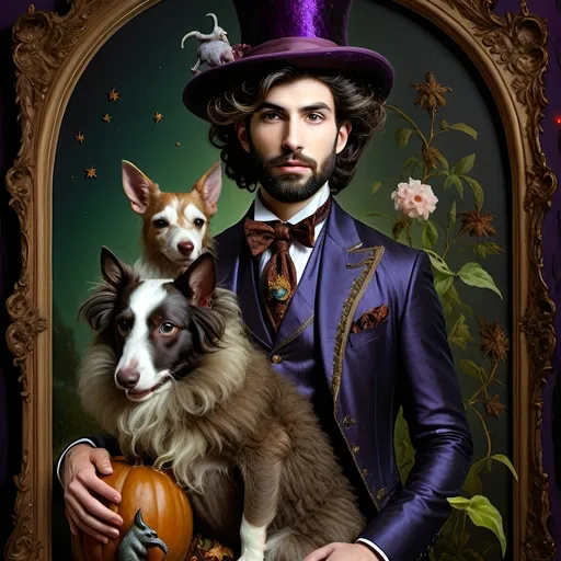 Prompt: (honoring Nuit), moon and stars) captivating handsome man magician, pointed witch hat, facial features highlighted, elegant beard, (renaissance baroque painting style), dark mystical background, rich deep colors with dramatic contrast, elements of Halloween celebration in still life arrangement, enigmatic ambiance, intricate shadows and light, (highly detailed), evoking intrigue and enchantment.