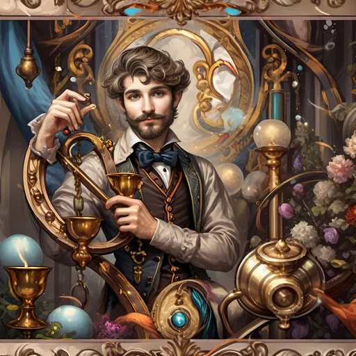 Prompt: (oil painting) Honoring Nuit, a man with a (wisdom-filled beard) holding a harp and a (rich) cup of wine, next to a (gilded golden cup), Ditlev Blunck's artisanal touch, (neoclassical elegance) with (Flemish Baroque influences). The atmosphere reflects reverence and beauty, drenched in (warm, golden tones), evoking the essence of a (divine encounter) that captures a mortal honoring the God Pan. Ultra-detailed, quintessential classical painting.