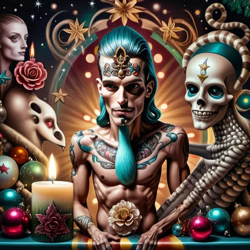 Prompt: (nutcracker), (candle and candle holder), surrounded by (Christmas decorations), (psychedelic art style), (vibrant color scheme), (extremely detailed), (oil painting), (airbrush painting), inspired by (Anne Stokes), (pop surrealism), dynamic patterns and textures, warm and festive ambiance, high-quality artistry, rich hues melding into each other, whimsical elements drawing viewers in, enchanting holiday spirit, magical atmosphere.