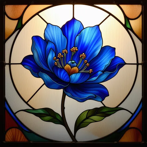 Prompt: (A Seven Wonders Art Glass Studio stained glass window), featuring a stunning blue flower at its center, (exquisite detail), influenced by Flora Macdonald Reid and the Arts and Crafts movement, (Flemish Baroque style), rich texture, intricate designs, warm and vibrant colors illuminating the glass, glimmers of sunlight reflecting through, creating a captivating ambiance, (ultra-detailed), (high quality).