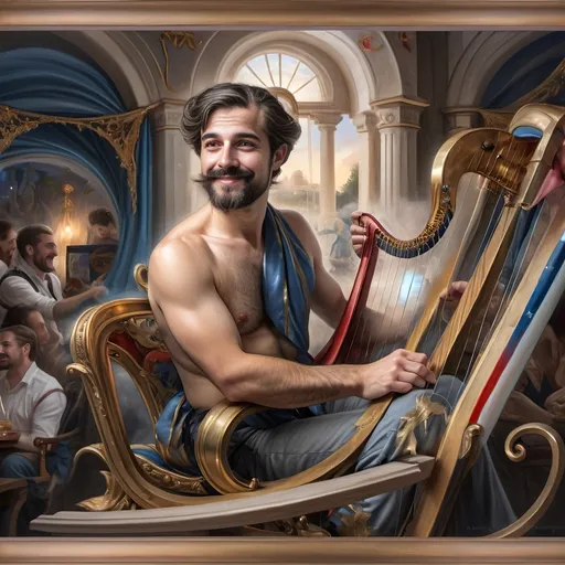 Prompt: (Seven Wonders Art Glass Studio), oil painting, (honoring Nuit), a man with a beard, holding a harp, glass of wine, golden cup beside him, (Ditlev Blunck), neoclassicism, classical painting, Flemish Baroque style, high detail, rich colors, warm glowing light, serene atmosphere, capturing tradition and reverence, elegant background with ethereal elements, ultra-detailed composition, masterful artistry.