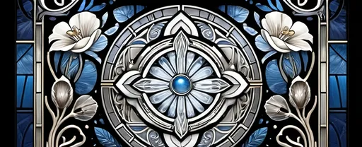 Prompt: A stunning stained glass window design, (Art Nouveau) and (Art Deco), vibrant hues of blue and gold, intricate patterns, celebrating Nuit and the Aeon of Horus, mesmerizing light effects, high detail craftsmanship, elegant motifs, celestial themes, artistic harmony, enchanting atmosphere, ultra-detailed, inviting the viewer into a mystical realm.