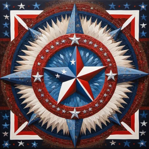 Prompt: (detailed painting), (symbolic star), vibrant colors of the United States, intricate symbols representing America, rich textures, depth in colors, blend of traditional and modern regionalism themes, expressing unity and diversity, profound visual storytelling, captures the essence of American identity, ultra-detailed, a masterpiece celebrating the spirit of the nation.