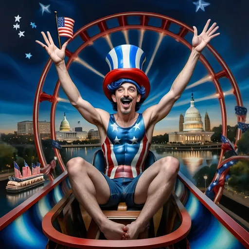 Prompt: (A Seven Wonders Art Glass Studio masterpiece) painting of a man wearing a patriotic hat, (thrilling pose) riding the Freedom rollercoaster, (vibrant colors), scenic background of Freedom Park in D.C., (dynamic movement), celebrating freedom, eternal spark of joy, whimsical ambiance, soft warm lighting, highly detailed, clarity, engaging and joyful atmosphere, surrounded by delighted visitors, landmarks in the distance.