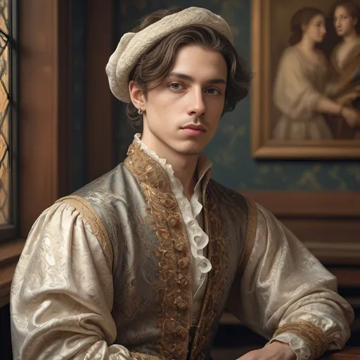 Prompt: (Renaissance-style portrait), honoring a (non-binary musician), capturing artistry and creativity, muted color scheme, rich details, soft lighting, intricate background with classical motifs, thoughtful expression, detailed attire with elegant patterns, emotive atmosphere, subtle textures, high-quality, (ultra-detailed).