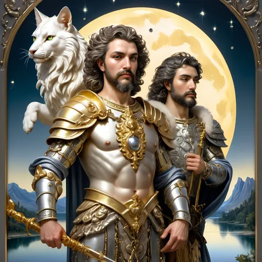 Prompt: (7 Wonders Art Glass Studio) baroque painting of two warriors, elaborate metal armor, intricate chains, luxurious furs, sparkling diamonds, standing confidently on a cliff, gazing at a serene lake at night, illuminated by a luminous full moon (honoring Nuit), surrounded by shimmering fireflies, enchanting and esoteric ambiance, muted color tones, ultra-detailed, high-quality aesthetics.