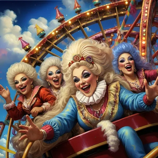 Prompt: (Honoring Nuit), vibrant oil painting of a lively group of drag queens riding a roller coaster, ecstatic expressions, in a whimsical carnival setting, colorful ferris wheel glowing in the background, (rainbow) painted on the coaster's side, bright blue sky filled with fluffy clouds, joyous atmosphere, high energy, ultra-detailed, cinematic masterpiece.