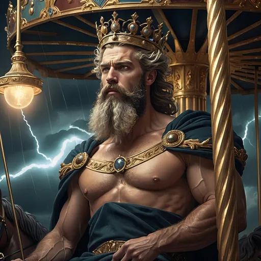 Prompt: (Art Deco style), richly (dark color scheme), depicting Zeus, a bearded man, wearing a crown, holding a pole on a carousel, dramatic (lightning in the background), (fantasy art), (highly detailed digital painting), a masterpiece by Bastien L. Deharme, atmospheric, immersive, captivating details, exquisite textures, ultra-detailed portrait, cinematic depth, electrifying ambiance.