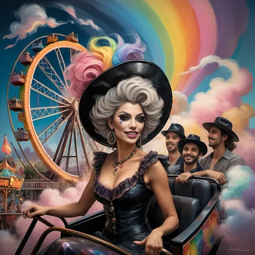 Prompt: (honoring nuit), a mesmerizing painting of colorful drag queens exuding joy and fabulousness while riding a roller coaster, vibrant (rainbow) painted on the side, a whimsical ferris wheel creating a festive atmosphere in the background, whimsical cotton candy clouds, (dynamic movement), warm pastel colors enhancing the lively scene, ultra-detailed, high-quality artwork capturing a celebratory ambiance.