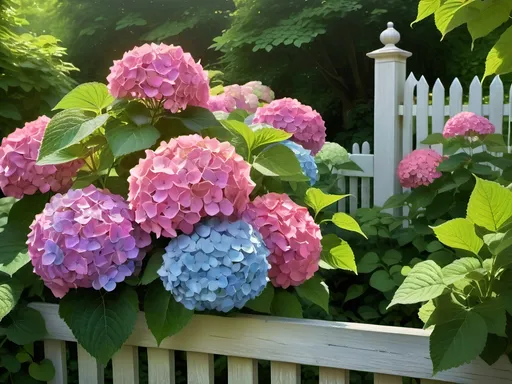 Prompt: Hydrangeas (focal subject), growing lushly in a garden, surrounded by vibrant green leaves and colorful flowers, rustic fence in the background, inspired by (rococo) elegance, infused with (Flemish Baroque) ambiance