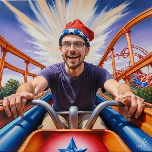 Prompt: A Seven Wonders Art Glass Studio masterpiece painting of a man in a patriotic hat riding Freedom rollercoaster in D. C.’s new amusement park named Freedom Park.  Honoring Nuit.