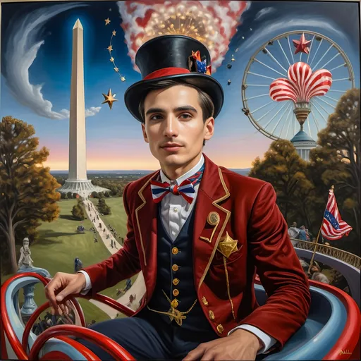 Prompt: (Acrylic painting of a magician man), wearing a (patriotic top hat), joyfully riding a (whimsical rollercoaster) in Liberty Park, with (HD details), vibrant colors, and enchanting motifs. The scene features the (Washington Monument) in the background, as well as the phrase (accurately spelled text "Yankee Doodle"). An aura of celebration and magic surrounds the image, honoring Nuit and the Aeon of Horus.