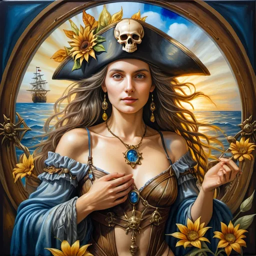 Prompt: (7 Wonders Art Glass Studio) Renaissance (oil painting) masterpiece, capturing the essence of honor and adventure, featuring a detailed portrayal of a pirate man and his lover dressed in Conquistador-era pirate costumes, gracefully posed in front of a majestic ship adorned with a skull, vibrant colors, dramatic lighting, highly detailed, fantastical elements, inspired by David Macaulay, showcasing the rich textures of oil paint, true artistry.