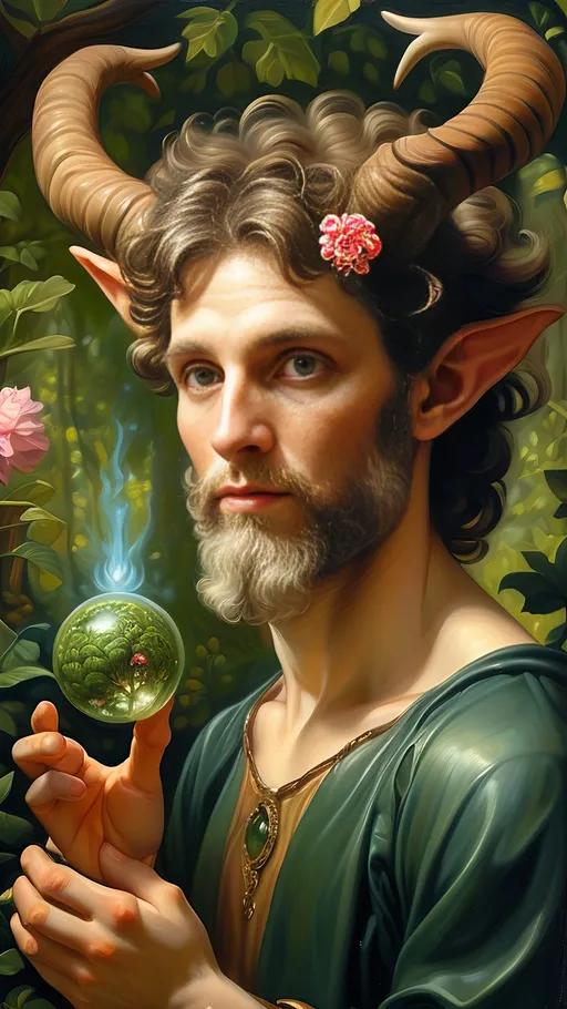 Prompt: Renaissance oil painting, (ultra-detailed), (character portrait) of a Magician transforming into a Satyr in lush Arcadia, surrounded by lush greenery, delicate flowers, gentle sunlight filtering through trees. The man with impressive horns and an ornate orb on his wand, a majestic bird perched on his shoulder, evoking magic and honor. Capturing the essence of Pan and Nuit in a vivid, enchanting atmosphere. High-quality craftsmanship from Seven Wonders Art Glass Studio.