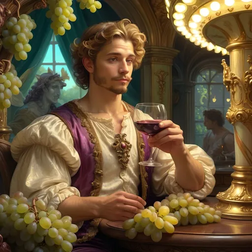 Prompt: (renaissance style painting), Bacchus elegantly holding a glass of wine and a glowing candle, surrounded by lush grapes, set against a whimsical carousel, (highly detailed digital art), soft pastel color palette, inspired by Donato Giancola, baroque elements throughout, enchanting atmosphere, dynamic and vibrant composition, 4K ultra-detailed rendering.