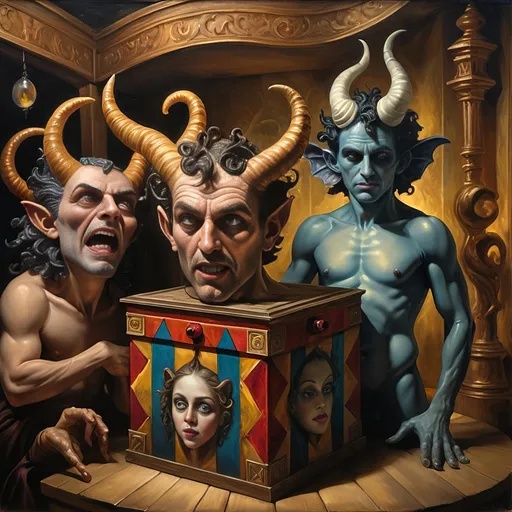 Prompt: (7 Wonders Art Glass Studio), (oil painting), demons as jack-in-the-boxes, circus setting, (highly detailed), (ultra-fine details), esoteric ambiance, dark and mysterious atmosphere, surreal colors, intricate textures, curiosity sparks, vivid contrasting shadows, ethereal lighting, artistically whimsical exhibits, hauntingly beautiful, capturing the essence of Nuit.