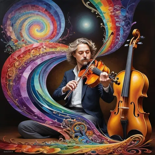 Prompt: art nouveau style, (vibrant colors), painting of a man playing violin, intricate items surrounding him, complex rainbow swirl background, (emotion of harmony and creativity), surreal depiction of sound waves as colors, rhythmic patterns, expressive facial features, ethereal ambiance, whimsical elements, (HD), highly detailed masterpiece.