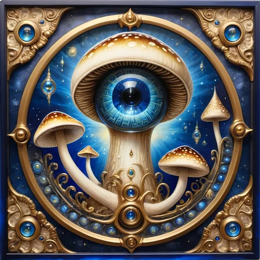 Prompt: (7 Wonders Art Glass Studio masterpiece), oil painting, (honoring Nuit), magical mushroom, blue shell, blue eye (Eye of Horus), vibrant colors, dreamy atmosphere, intricate details, mystical background with swirling galaxies, ethereal glow illuminating the mushroom, (ultra-detailed), high quality, enchanting and enchanting ambiance.