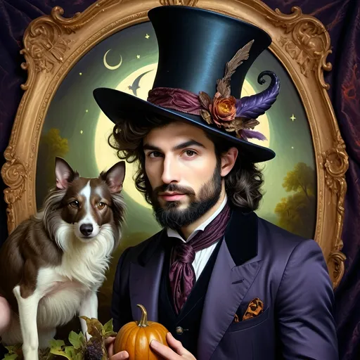 Prompt: (honoring Nuit), moon and stars) captivating handsome man magician, pointed witch hat, facial features highlighted, elegant beard, (renaissance baroque painting style), dark mystical background, rich deep colors with dramatic contrast, elements of Halloween celebration in still life arrangement, enigmatic ambiance, intricate shadows and light, (highly detailed), evoking intrigue and enchantment.