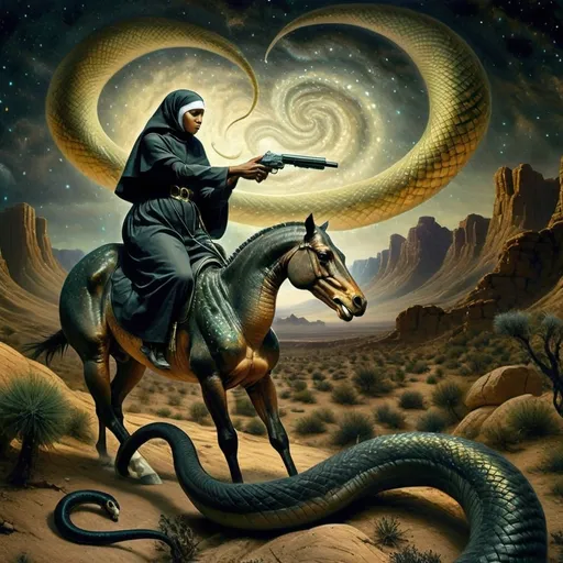 Prompt: (A oil masterpiece) A black nun riding a majestic horse, gripping a gun, fiercely defending against alien desert creatures, vast desert landscape, surreal celestial elements, homage to Nuit, warm earthy tones, contrasting vibrant colors, dramatic lighting, (highly detailed), capturing intense emotions and a sense of adventure, (7 Wonders Glass Art Studio), ultra-detailed, (cinematic).