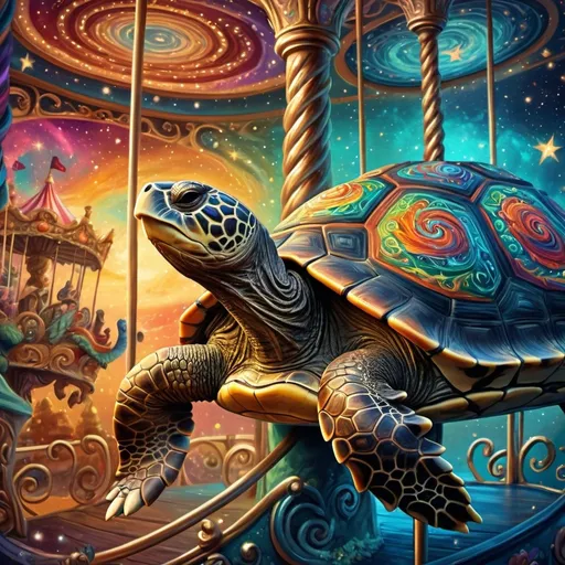 Prompt: (turtle on a carousel), (mystical stars and swirls on its back), (intricate spirally spiral design), vibrant colors, (psychedelic art), highly detailed, digital painting, airbrush style, dreamlike ambiance, whimsical atmosphere, elaborate textures, fantasy elements, enchanting background, magical scenery, 4K quality, intensely vivid designs.