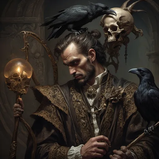 Prompt: (Renaissance still life), (man magician satyr), (dark color scheme), (elegant pose), (horns), holding a cane with skull orc, (crow perched on his shoulder), intricate details, moody ambiance, dim celestial lighting, rich textures, dramatic shadows, (stylized cane topped with a skull orb), ultra-detailed, high quality, evocative atmosphere.