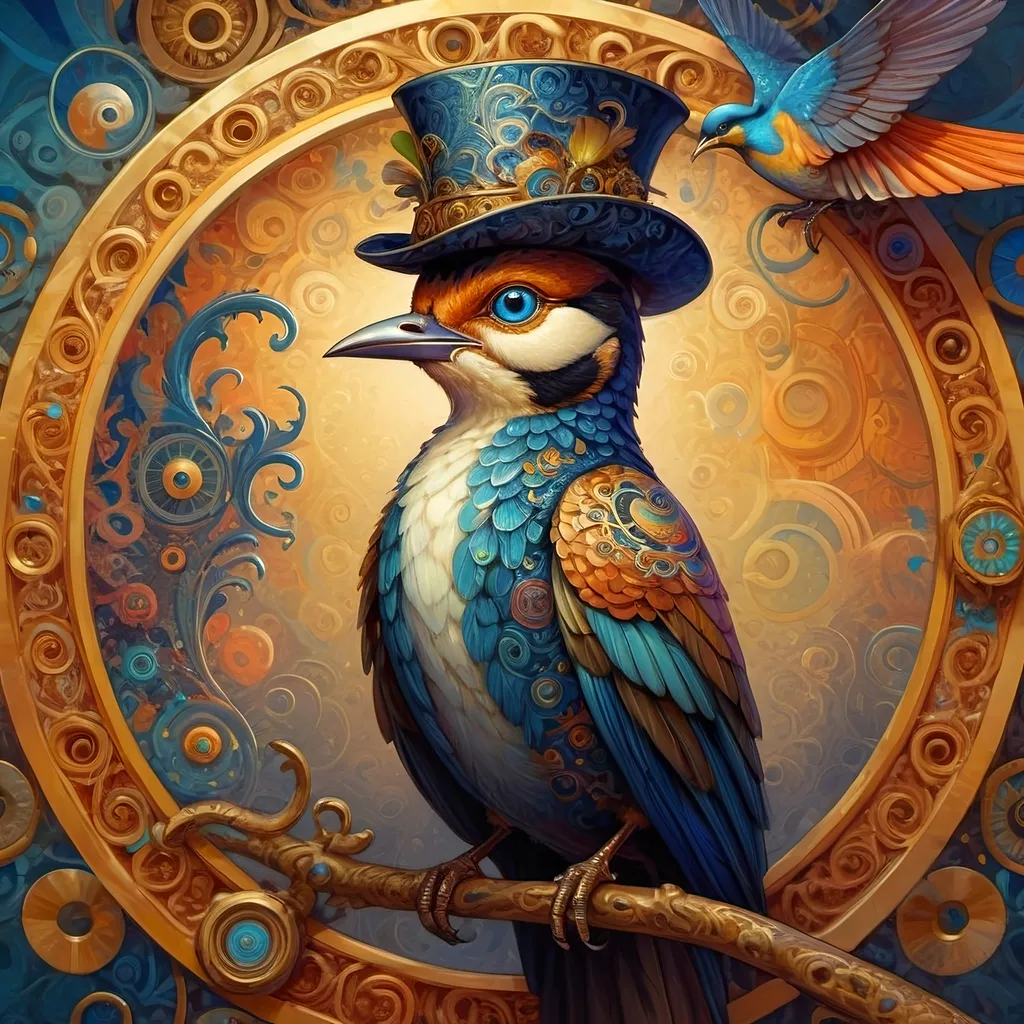 Prompt: a painting of a colorful bird with a circular background and a gold ring around it's neck and a blue eye, Android Jones, psychedelic art, highly detailed digital painting, a detailed painting