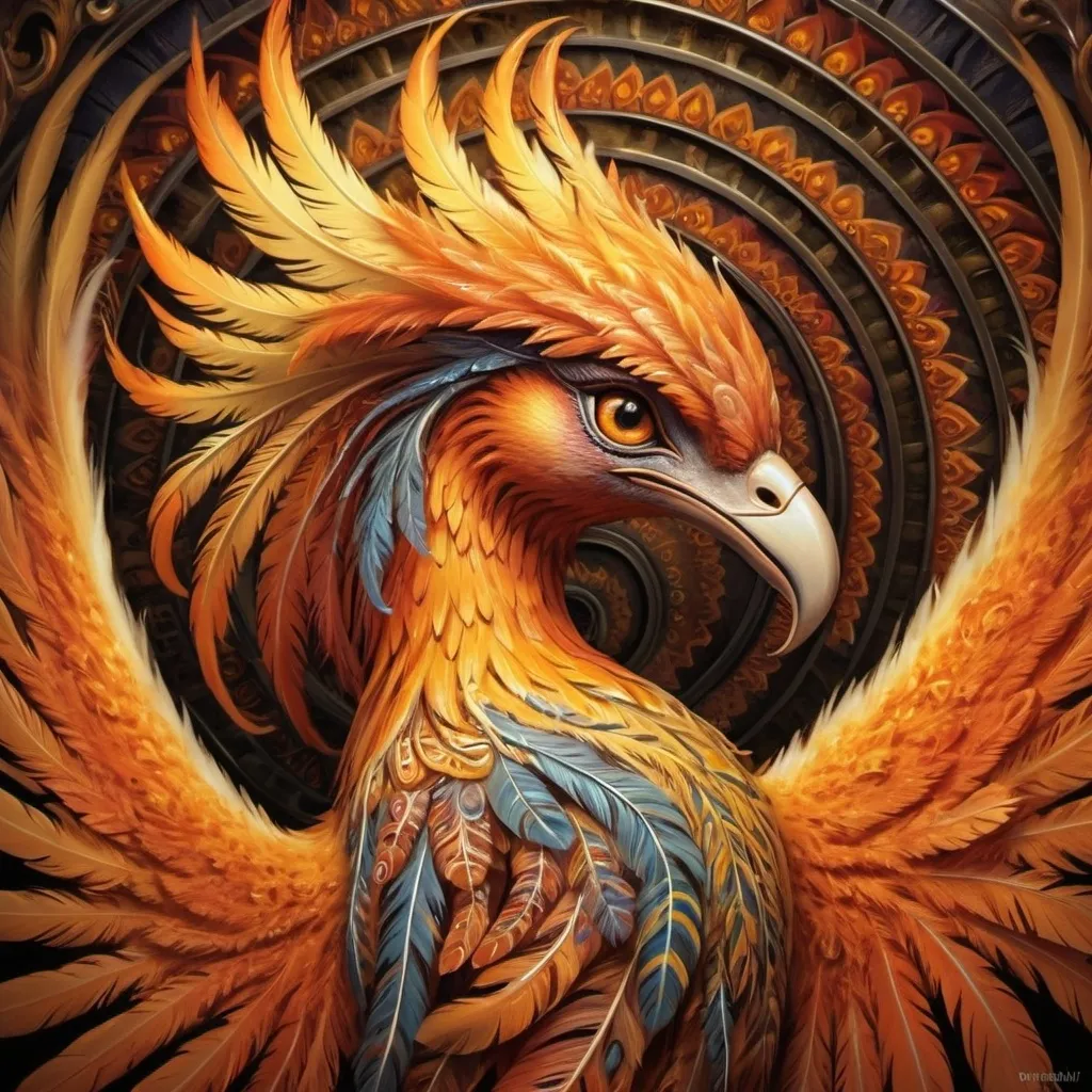 Prompt: a painting of a bird phoenix with orange and yellow feathers on it's head and wings, with a spiral design on its body, Anne Stokes, fantasy art, highly detailed digital art, an airbrush painting in front of a carousel