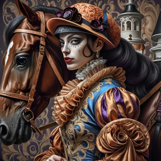 Prompt: A Seven Wonders Art Glass Studio portrait painting of a horse jockey and his horse at the Kentucky Derby.  Renaissance period with Art Deco style attire and style.   a painting honoring Nuit in colors of azure, gold, and purples.