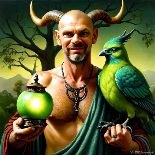 Prompt: a man with a horned head and a bird on his shoulder holding a lamp and a green apple in his hand, Esao Andrews, fantasy art, highly detailed digital painting, a character portrait