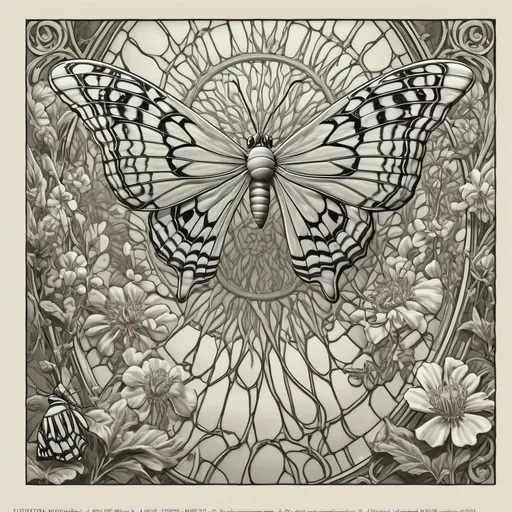 Prompt: A Seven Wonders Art Glass Studio (SWAG) window pattern (traced image) with moth and butterflies and flora in it, and a sunburst above it.  This is a Template to make stained glass window.  art nouveau, intricate linework, lineart.  (Honoring Nuit)