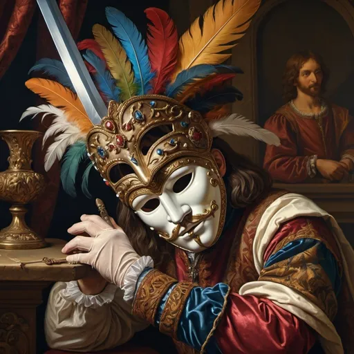 Prompt: (renaissance still-life painting), (vibrant colors), a man wearing a decorative mask, holding a feather in one hand, gripping a sword in the other, rich textures, classic Renaissance elements, intricate details in fabric and background, warm, dramatic lighting, 4K, ultra-detailed composition, evoking a sense of intrigue and historical depth.