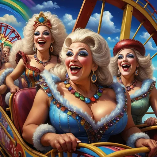 Prompt: (Honoring Nuit), vibrant oil painting of a lively group of drag queens riding a roller coaster, ecstatic expressions, in a whimsical carnival setting, colorful ferris wheel glowing in the background, (rainbow) painted on the coaster's side, bright blue sky filled with fluffy clouds, joyous atmosphere, high energy, ultra-detailed, cinematic masterpiece.