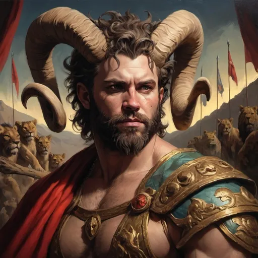 Prompt: a painting of a man with horns and a beard wearing a costume with a lion on it's head, Clint Cearley, fantasy art, epic fantasy character art, a fine art painting