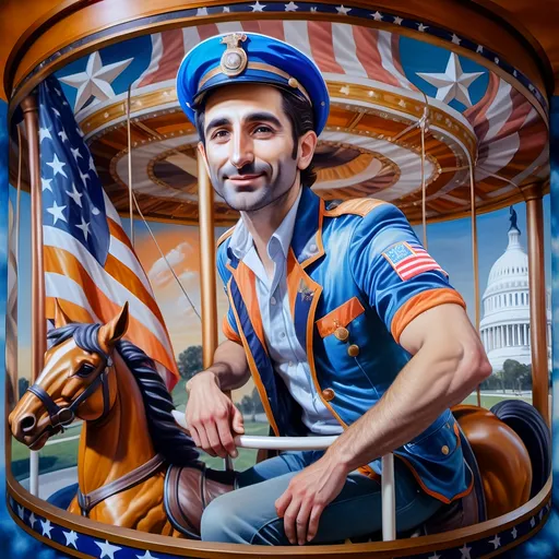 Prompt: (A Seven Wonders Art Glass Studio), oil renaissance painting, (vibrant colors), a man in military uniform, proudly riding on a Carousel of Heroes, surrounded by gracefully carved horses, soft, glowing ambiance, honoring veterans and those serving in the U.S. Military, warm golden lighting, intricate details in the uniform, carousel with richly adorned decorations, respectful atmosphere, high quality, ultra-detailed.