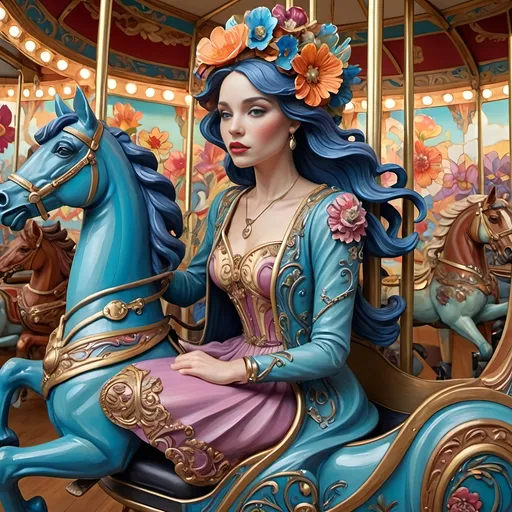 Prompt: Art Nouveau inspired (Carousel of Diversity), vibrant color scheme, a woman in a wheelchair joyfully riding a carousel adorned with horses, detailed figurative elements, blue flower in her hair, keys to a dystopian world, ornate patterns, fluid lines, brightly colored floral motifs, ultra-detailed, Caroline Chariot-Dayez inspired, captivating and whimsical atmosphere, rich textures, merging art deco and contemporary sculpture styles.