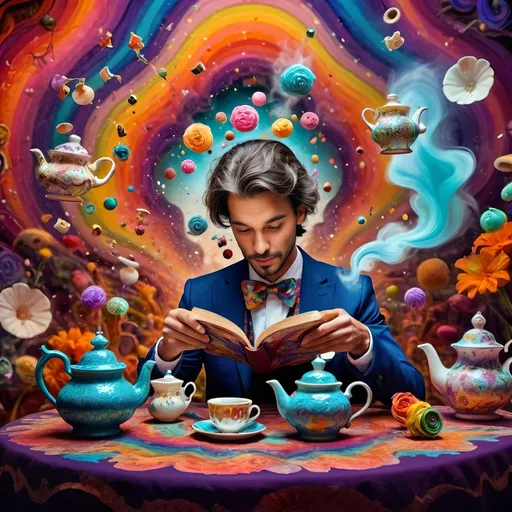 Prompt: (psychedelic still life portrait), vibrant colors, (magician jack-in-the-box man), whimsical tea party ambience, enchanting teapots, magical items animated around him, open book in front, dreamy and surreal atmosphere, intricate details, flowing patterns, mesmerizing depth, an explosion of colors, high-definition masterpiece, captivating and playful vibe.