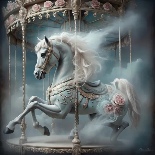 Prompt: (renaissance still life), carousel horse ghost, muted color scheme, roses on back legs, sky background, fantasy art, ethereal atmosphere, airbrush painting, soft light, intricate details, nostalgic vibe, high depth, ultra-detailed, dreamlike ambiance.