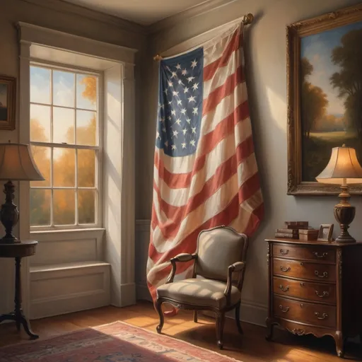 Prompt: (large American flag), draped elegantly in a cozy room, soft light from (lamp) casting warm shadows, serene ambiance, (window) revealing a beautiful outdoor scene, (highly detailed oil painting), inspired by Benjamin West, fine art masterpiece, rich colors, dynamic textures, subtle brush strokes, inviting composition, perfect for an art lover's collection, 4K quality.