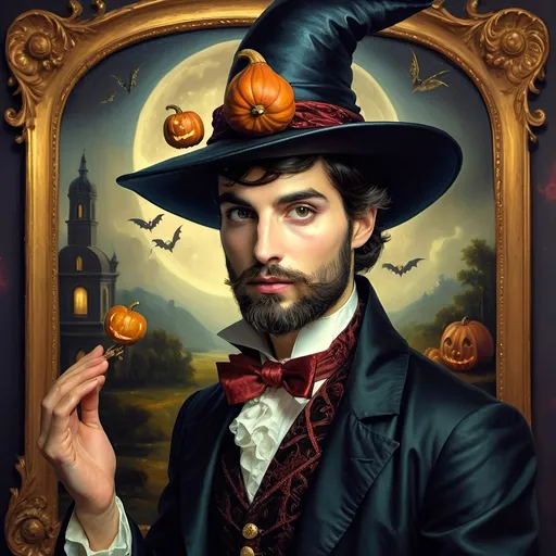 Prompt: (honoring Nuit), captivating handsome man magician with an elegant beard, wearing a pointed witch hat, (renaissance baroque painting style), facial features highlighted in detail, dark mystical background that enhances the allure, rich deep colors creating dramatic contrast, elements of Halloween celebration subtly interwoven, inviting an atmosphere of enchantment and mystery, ultra-detailed, a captivating masterpiece.